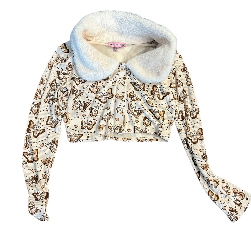 Dolls Kill Butterfly Print Crop Cardigan Faux Fur Collar Y2K Cream Brown Medium